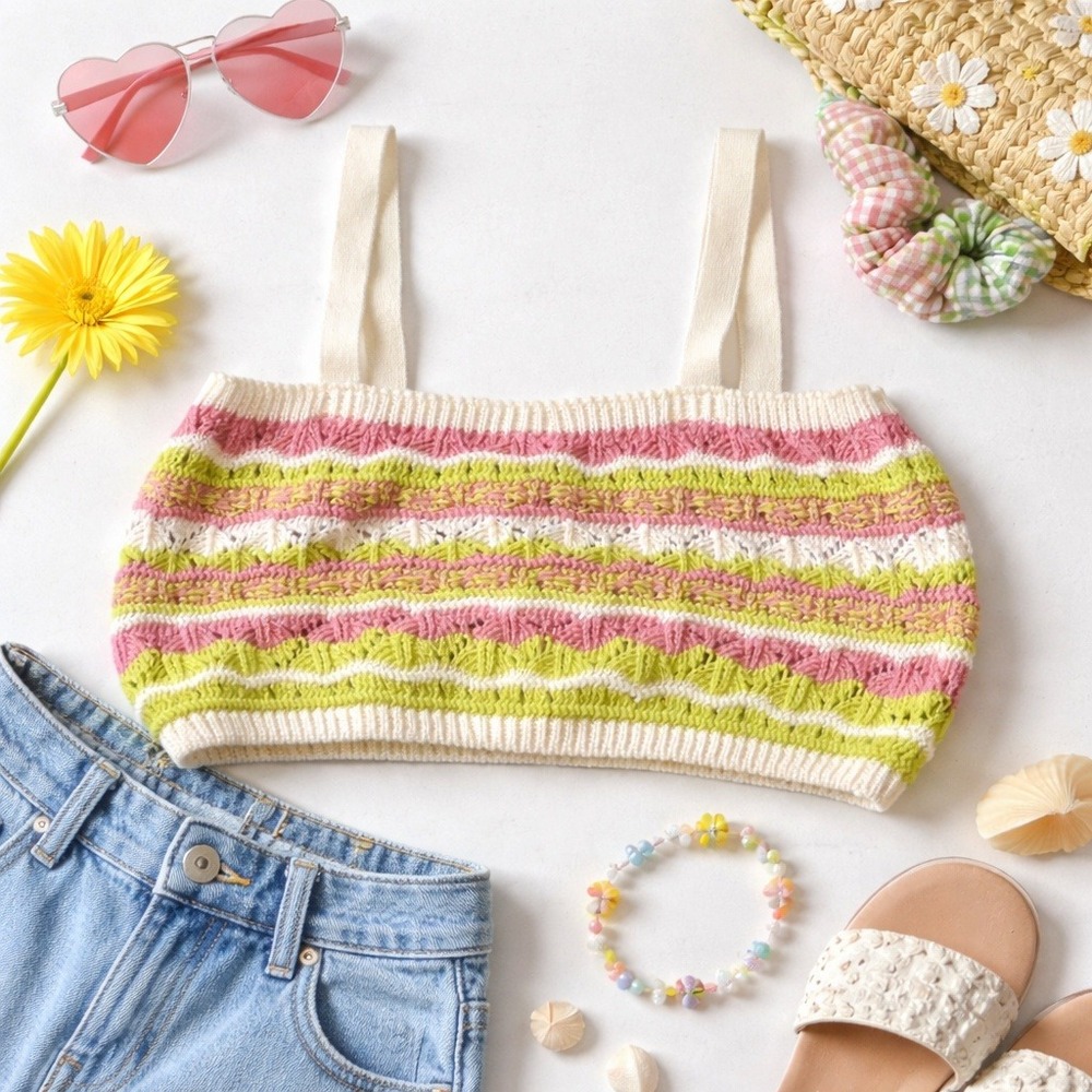 ZARA Girls Knit Crop Top Size Pink Green Stripe Sleeveless Sweater Tank NWT 14‎